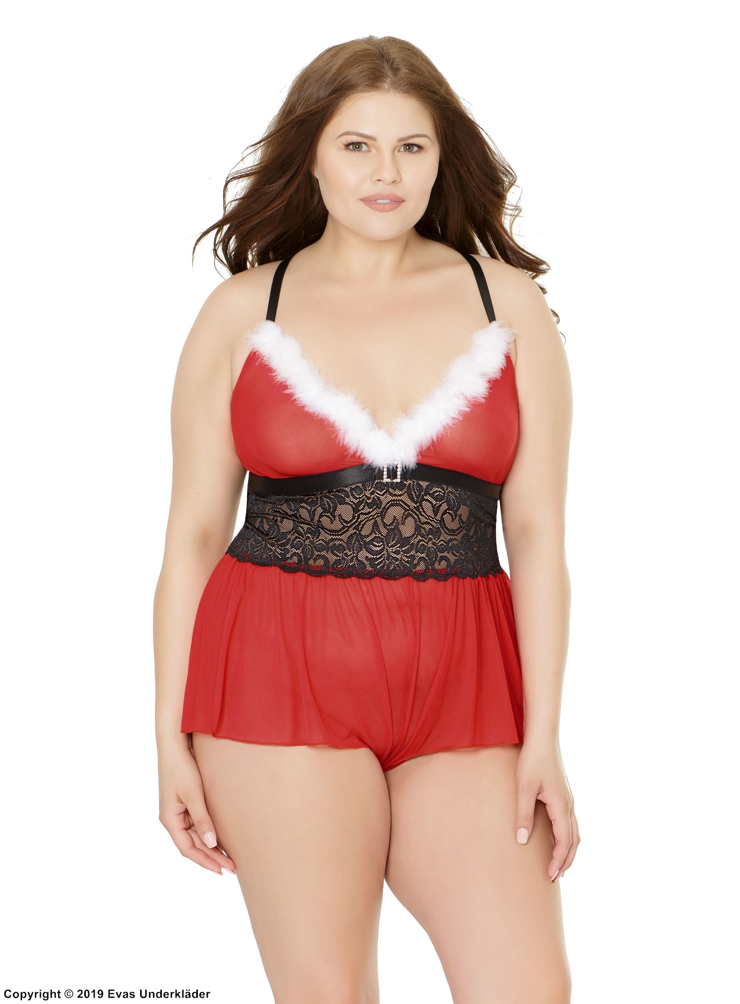 Female Santa Claus, sexy teddy, faux fur, open crotch, lace inlay, plus size